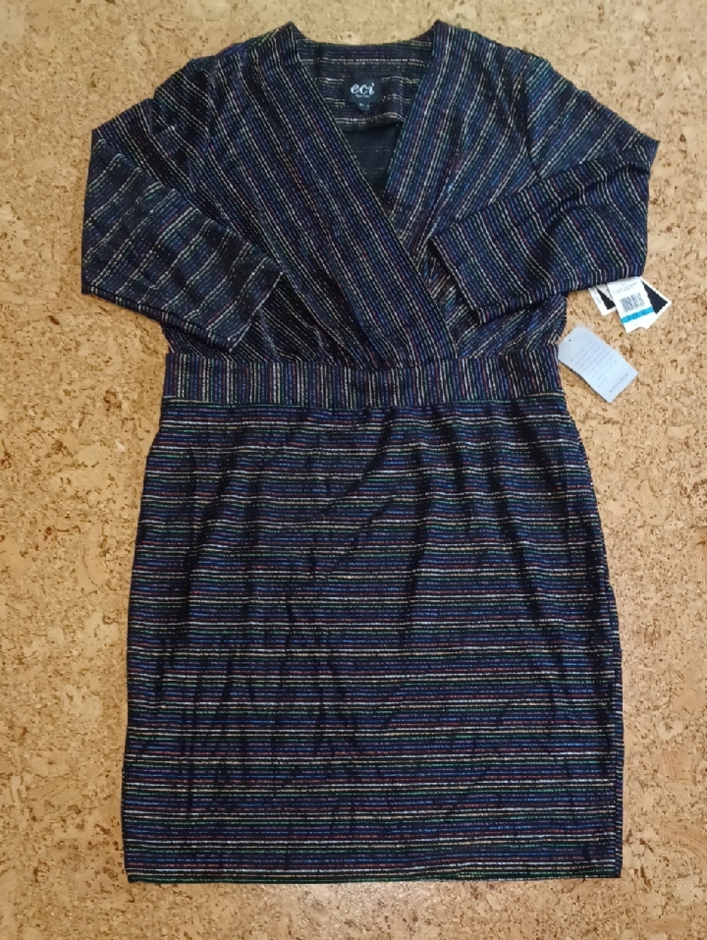 Eci New York Black/Multi Metallic Striped Faux Wrap Dress Size XL NWT